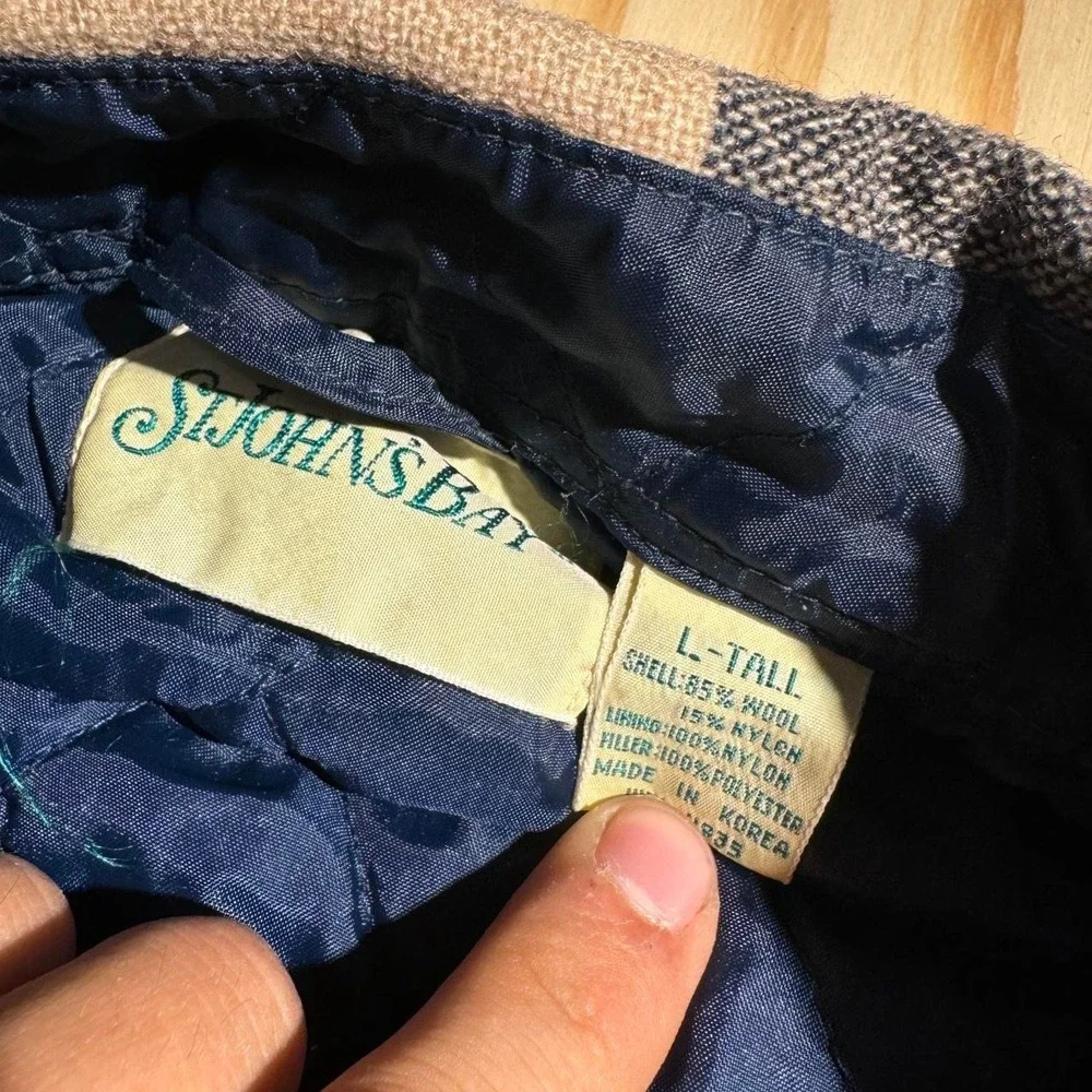 Vintage St Johns Bay Wool Flannel Quilted Shirt Jacket Blue Plaid Large Tall